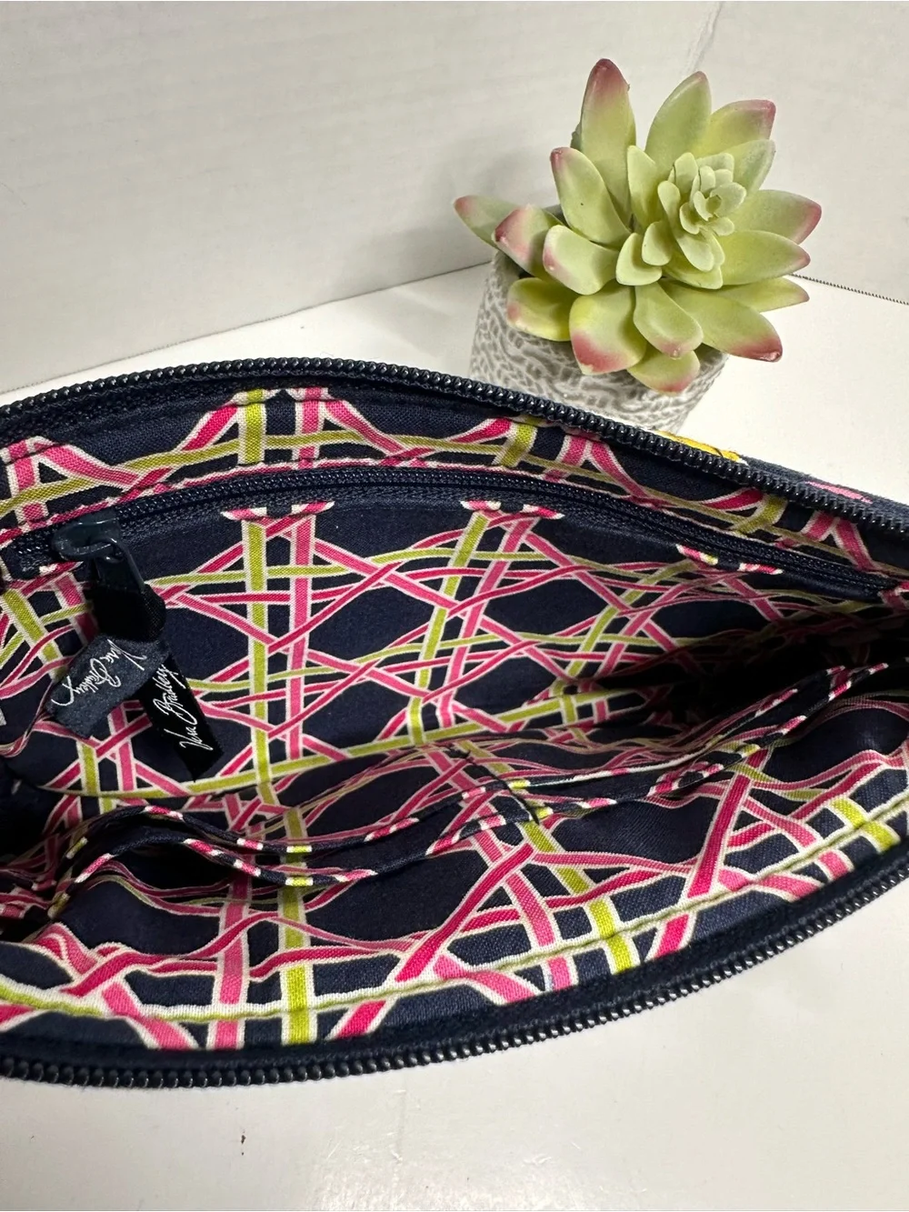 Vera Bradley Navy Quilted Floral Wristlet with Pink & Yellow Accents